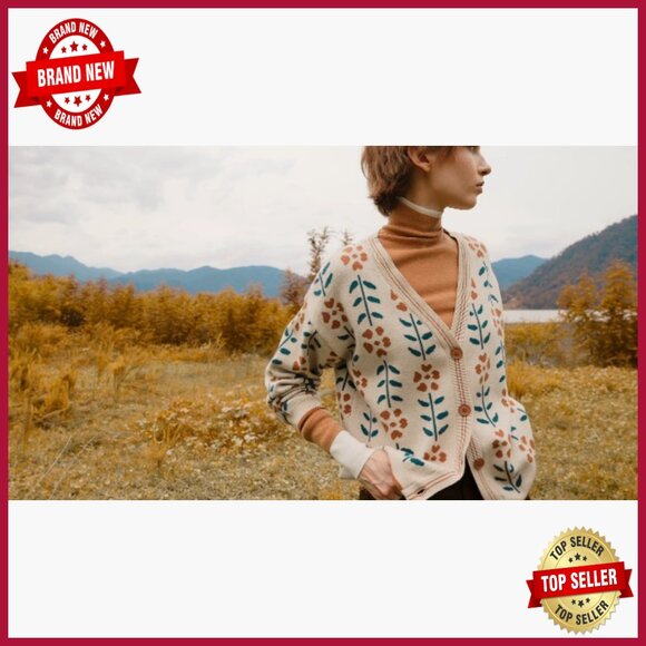 Floral Print V-Neck Cardigan Long Sleeve Loose Fit Button Front Sweater - Picture 7 of 7